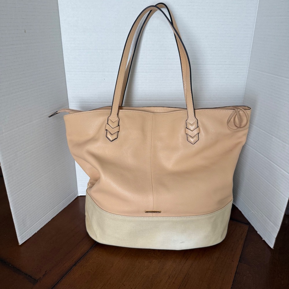 Rebecca Minkoff Pebbled Leather and Canvas Tote Bag Beige Gold Hardware